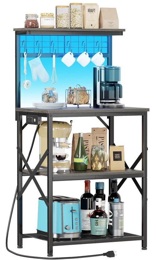 Furologee Bakers Rack with Power Outlet and LED Light, Small Coffee Bar Station with 4 Tier Shelves, Microwave Stand Table with 6 S Hooks, Kitchen Storage Rack for Spices, Pots, Black Oak