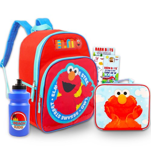 Sesame Street Backpack with Lunch Box for Kids - Bundle with 16” Sesame Street Backpack, Elmo Lunch Bag, Water Bottle, Stickers, More | Sesame Street School Bag Set