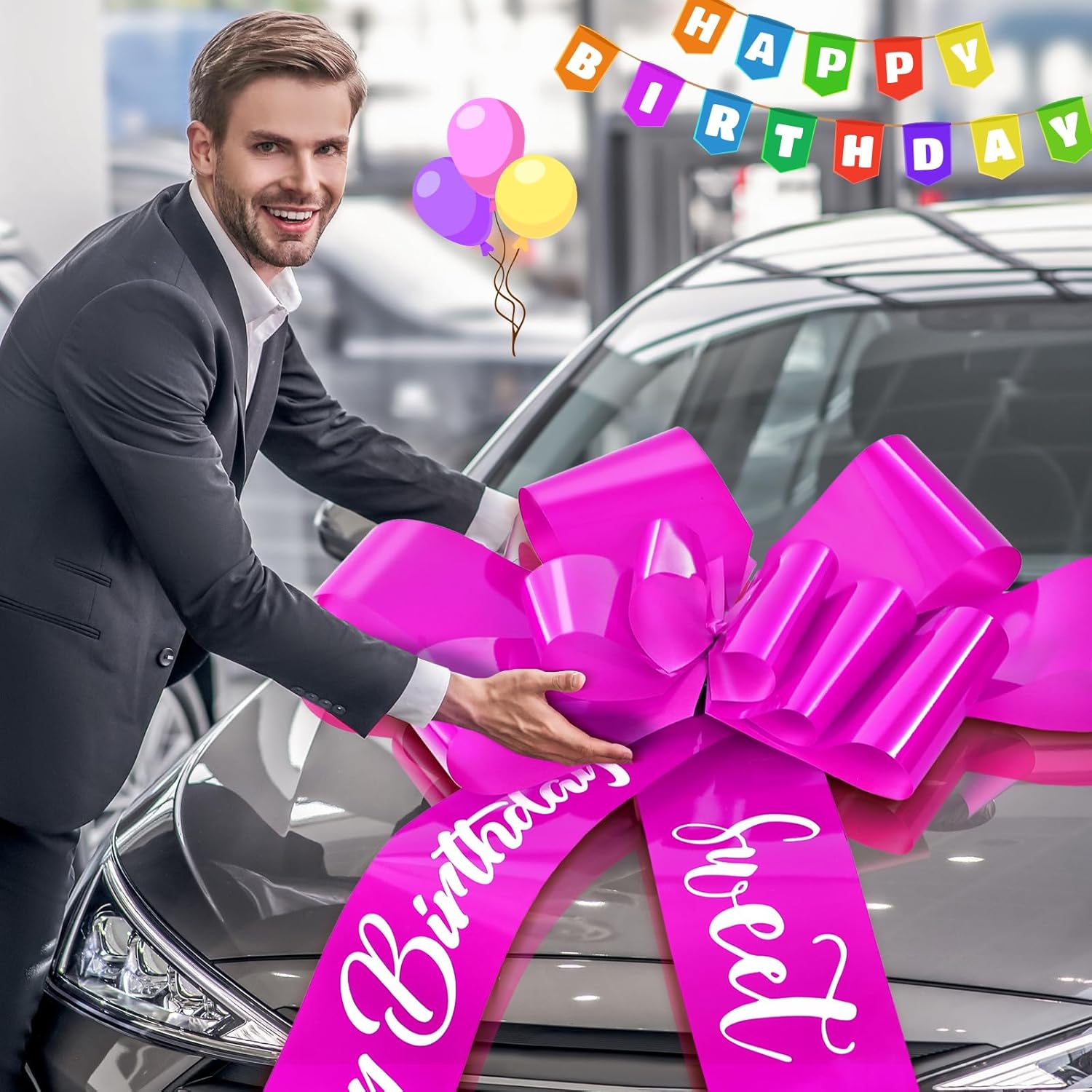 Wonderjune 30 Inch Big Car Bow - Giant Sweet 16 Birthday Gift Wrapping Decoration | Rose Red