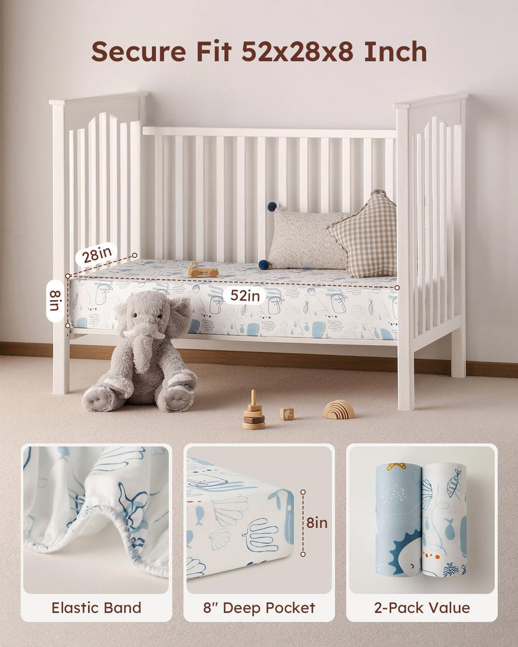 Yoofoss Baby Crib Sheets - 2 Pack Ultra Soft Fitted Sheets for Standard Crib & Toddler Mattress | Underwater World Design 52x28