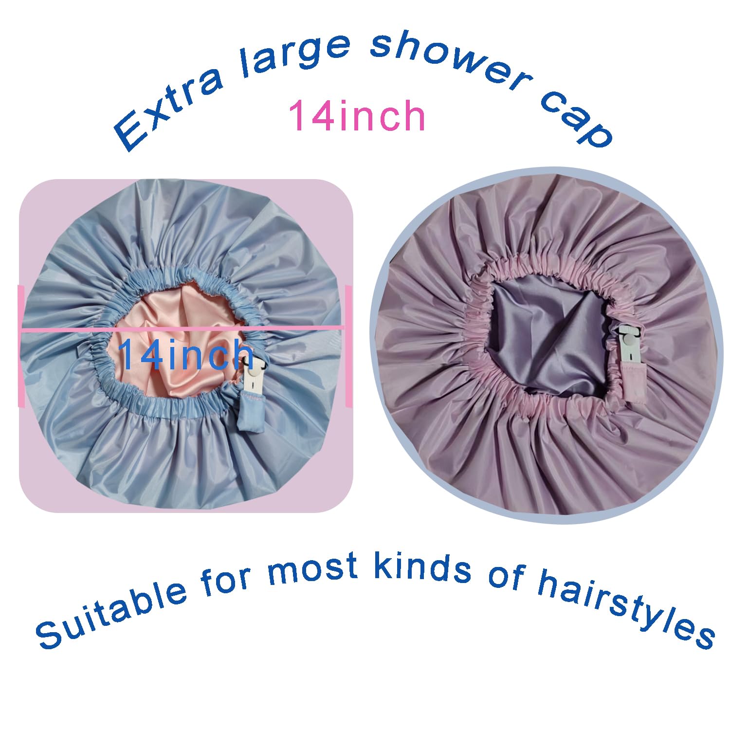 Genergy 2pcs Shower Cap for Women,Including Travel bag and Satin Scrunchy. Frizz-Free Silky Liner, Waterproof Reusable Large Bath Cap for Short and Long Thick Hair, Soft Adjustable Elastic, Non-slip.