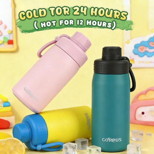 GOPPUS Kids Water Bottle - 15oz Stainless Steel Insulated, Leakproof & BPA Free - Pink for School