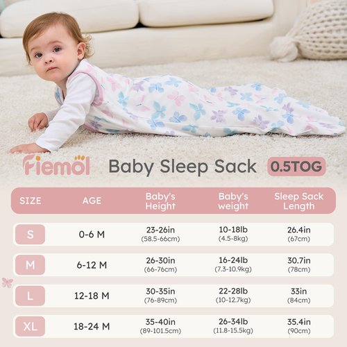 FIEMOL Baby Sleep Sack 6-12 months, 100% Cotton Sleep Sack for Newborn, Wearable Blanket Baby, 0.5 Tog Lightweight Double Zipper Sleeping Bag Butterfly 1 Pack