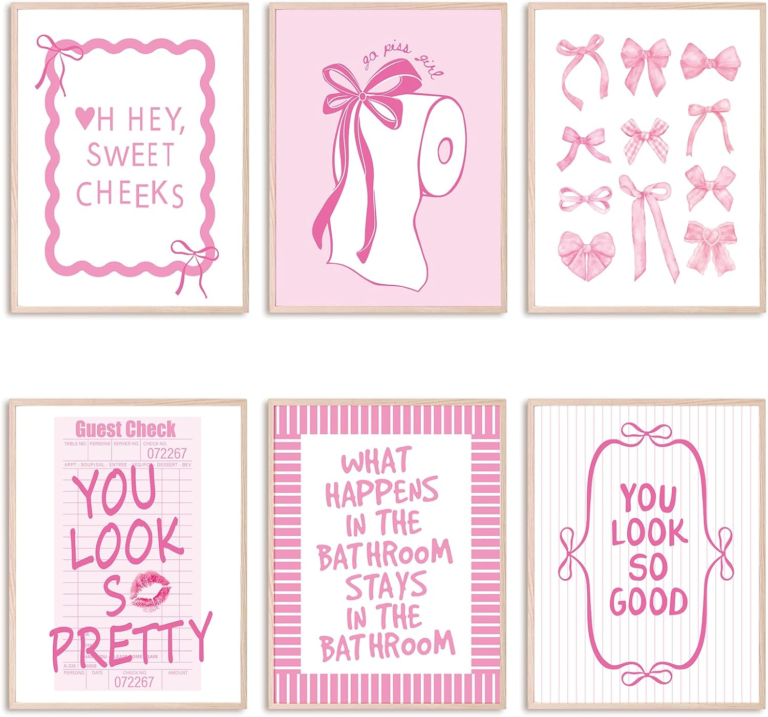 Whaline 6Pcs Pink Bow Bathroom Wall Art Prints - Coquette 8x10 Inch Unframed Decor for Washroom