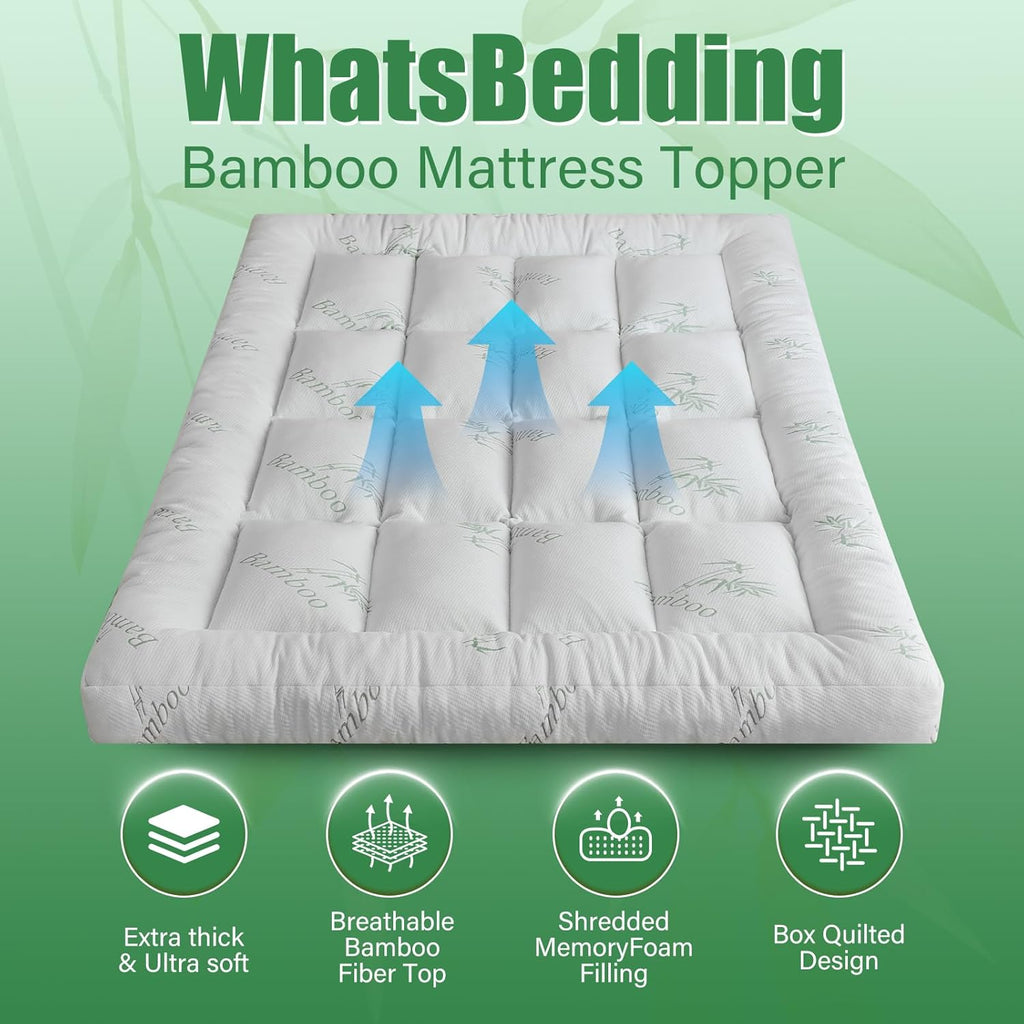 WhatsBedding 5-Inch Memory Foam Mattress Topper - Soft Bamboo Viscose, Breathable Design, Queen Size 80x60in