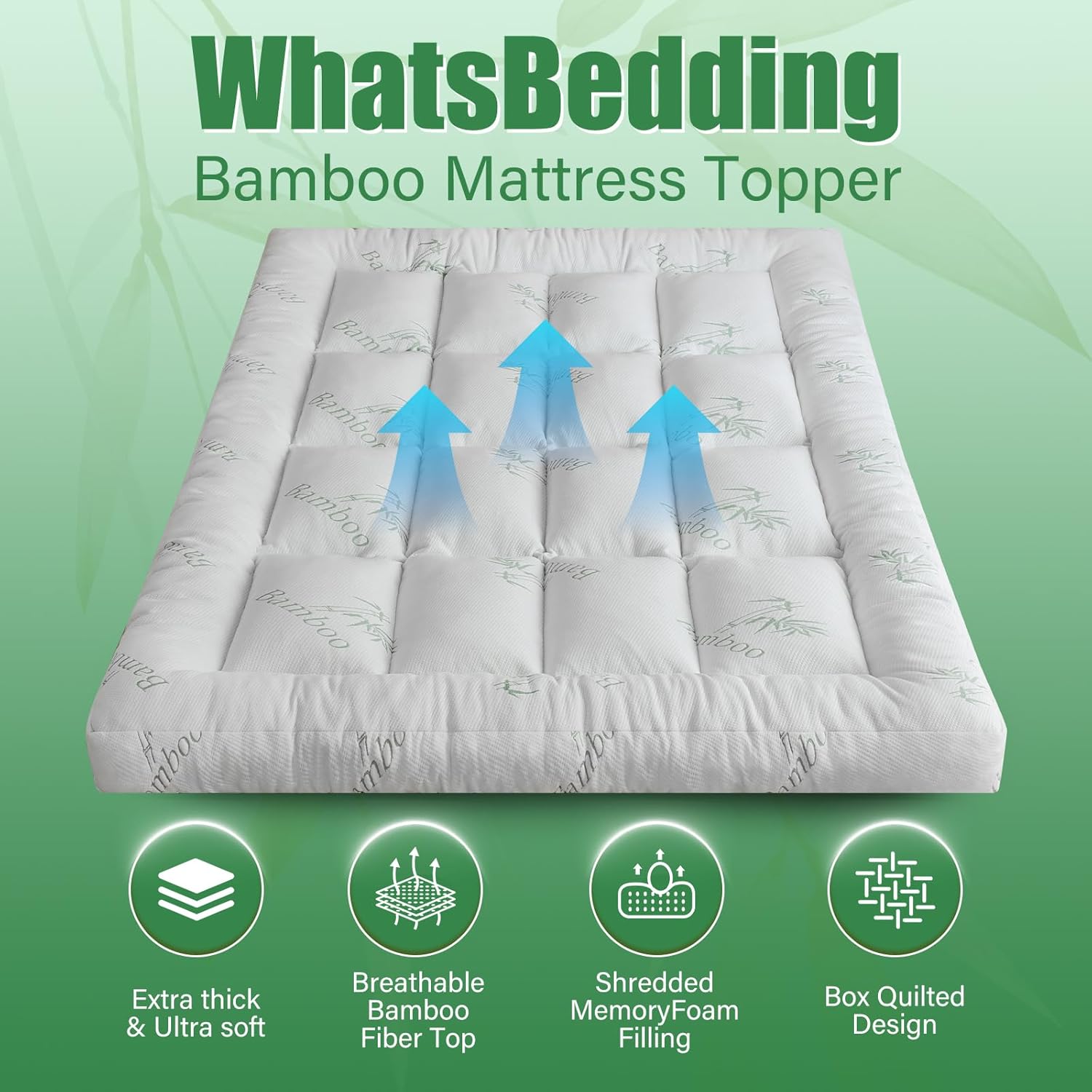 WhatsBedding 5-Inch Memory Foam Mattress Topper - Soft Bamboo Viscose, Breathable Design, Queen Size 80x60in