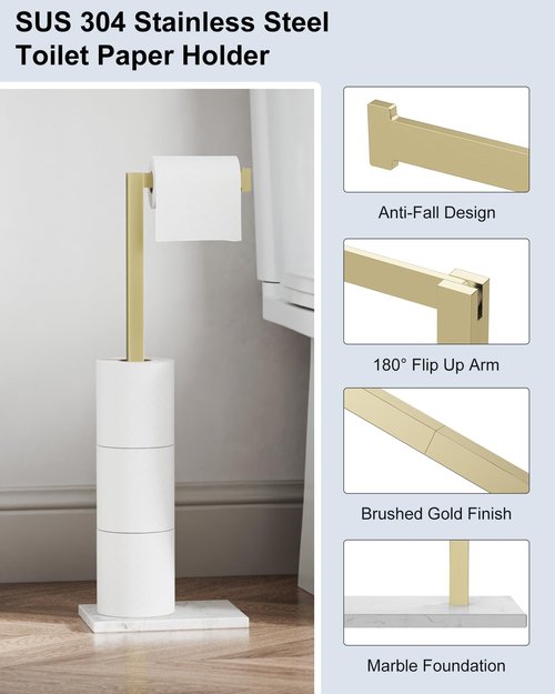 Toilet Paper Holder Stand Brushed Gold SUS 304 Stainless Steel Rustproof Free Standing 22 Inch Rotating Bathroom Tissue Roll Holder for 4 Rolls with Marble Base by HOMEMYSTIQUE