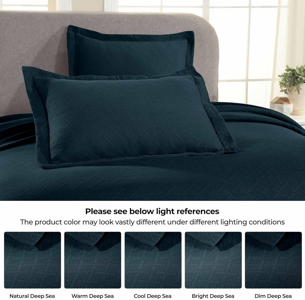 Superior Basketweave Cotton 2 Piece Bedspread Set, Home Bed Decor, Decorative Textured Bed Spread, 1 Pillow Sham, Airy Blanket, Matelasse Coverlet Bedding, Lattice Pattern, Twin, Deep Sea