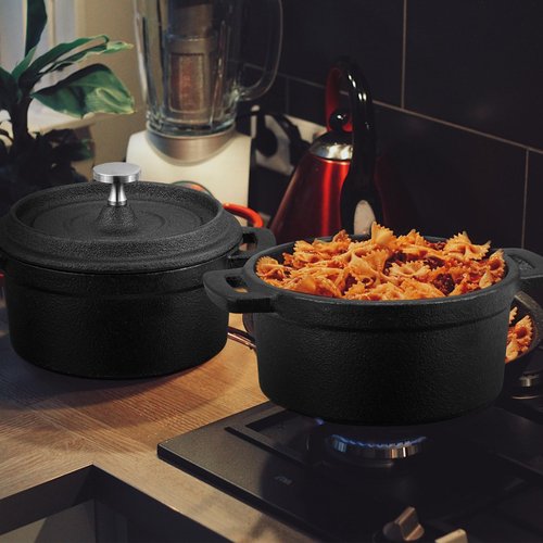Suttmin 4 Pcs Mini Dutch Oven Small Round Iron Cocotte Black Dutch Oven Pot with Lid and Dual Handles Cast Iron Pot for Stovetop Use Marinate Cook Bake Refrigerate Garlic, Individual Servings(17 oz)