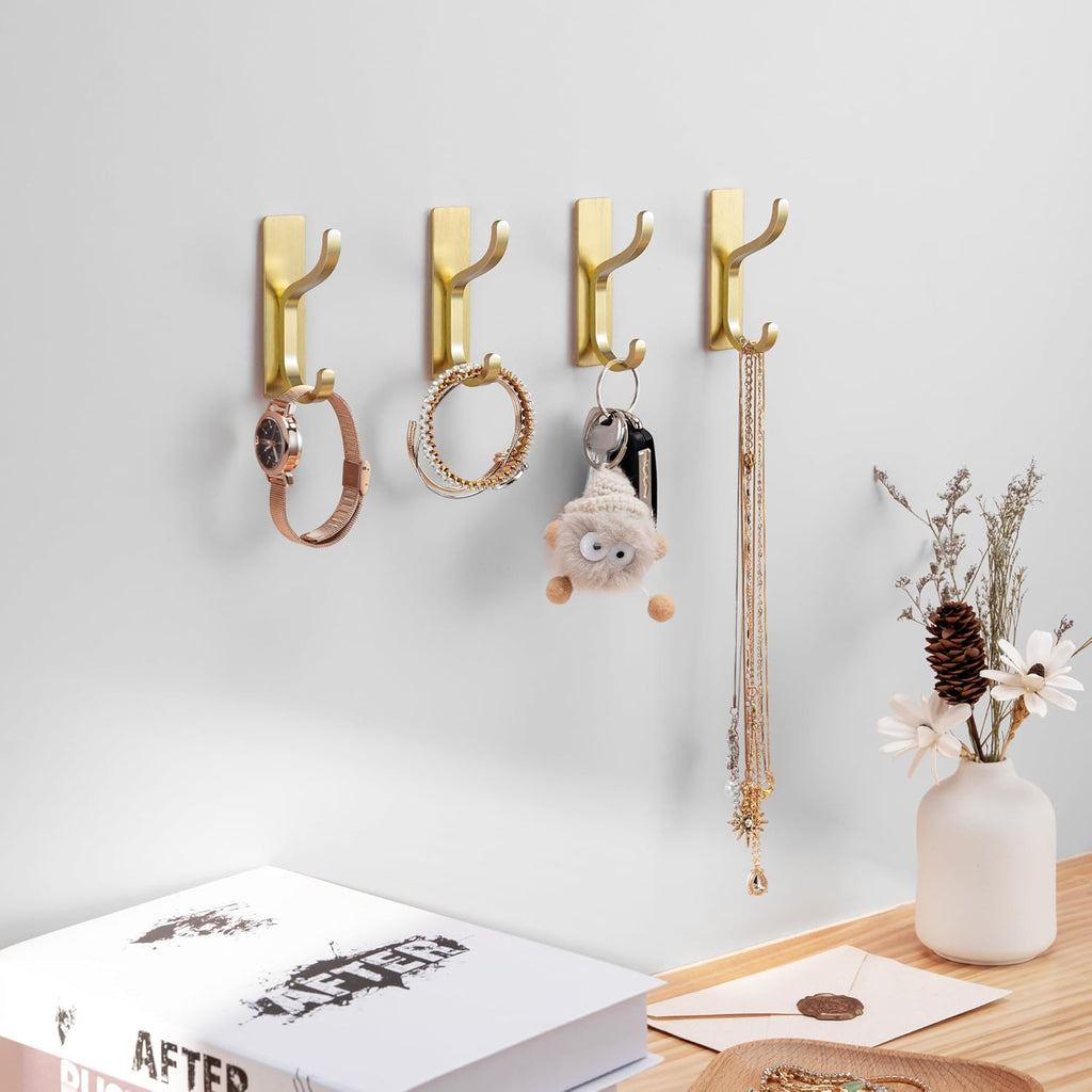 Pickpiff Adhesive Wall Coat Hooks - Heavy-Duty Stick-On Metal Hangers for Towels, Bags & Jackets - Gold, 4 Pack
