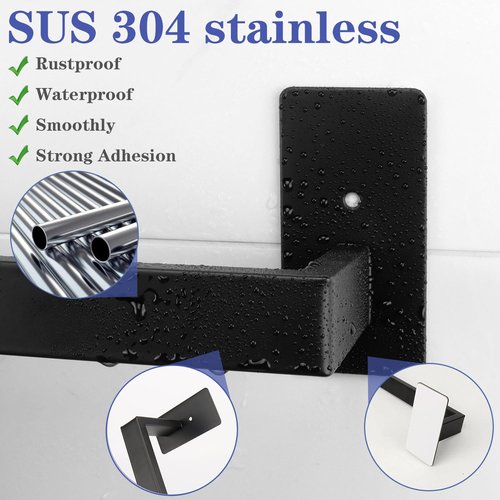 Vanloory 5 Pieces Self Adhesive Bathroom Hardware Set-SUS304 Stainless Steel-Towel Rack Set Include 16″Towel Bar+Toilet Paper Holder+3 Towel/Robe Hooks Bathroom Accessory (Matte Black, 16 in)