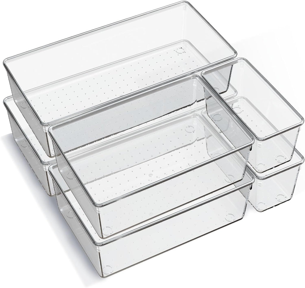 Skiennix 6-Pack Large Clear Plastic Drawer Organizer Trays - Non-Slip Storage Bins for Makeup, Kitchen Utensils & More