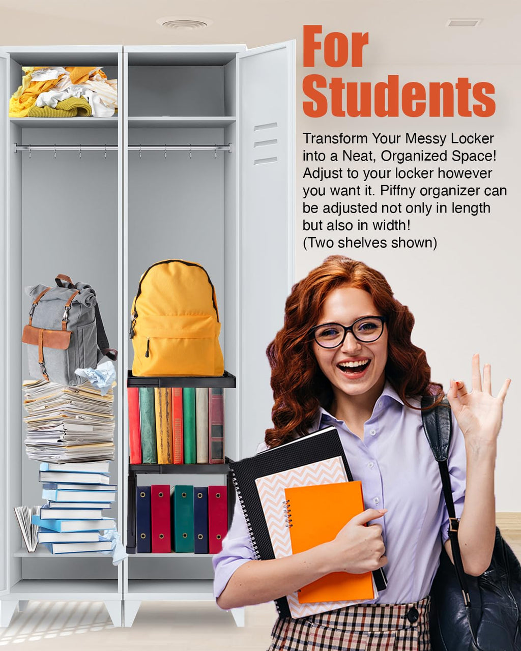Piffny Locker Organizer Shelf， Adjustable Width and Height, Ideal Locker for School, Office, and Gym Lockers… (Pink)