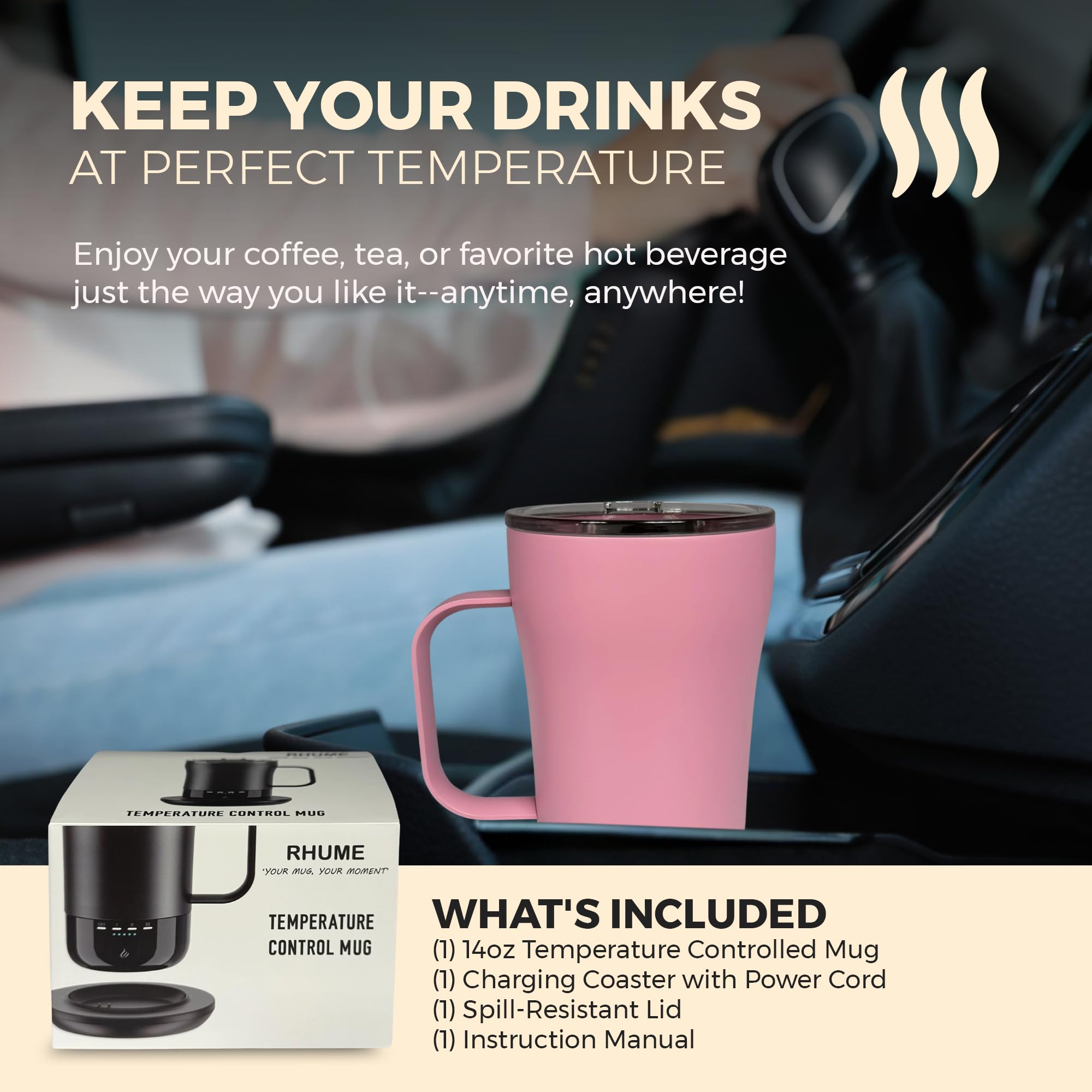 Rhume - Temperature-Controlled, Self-Heating Coffee Mug (Light Pink 14 Oz)
