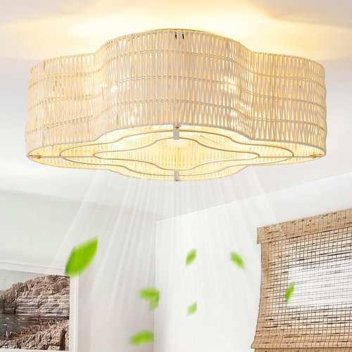 Gryalcy 20" Boho Ceiling Fan with Light, Rattan Flush Mount Ceiling Fan with Light Remote Control, Caged Enclosed with 6 Speeds for Bedroom, Living Room, Foyer, Nursery (Yellow)