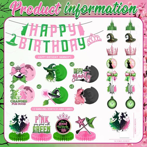 Witch Party Decorations Pink and Green Happy Birthday Banner Hanging Swirls and Honeycomb Centerpieces Witch Theme Party Decorations for Girls Women Birthday Party Supplies