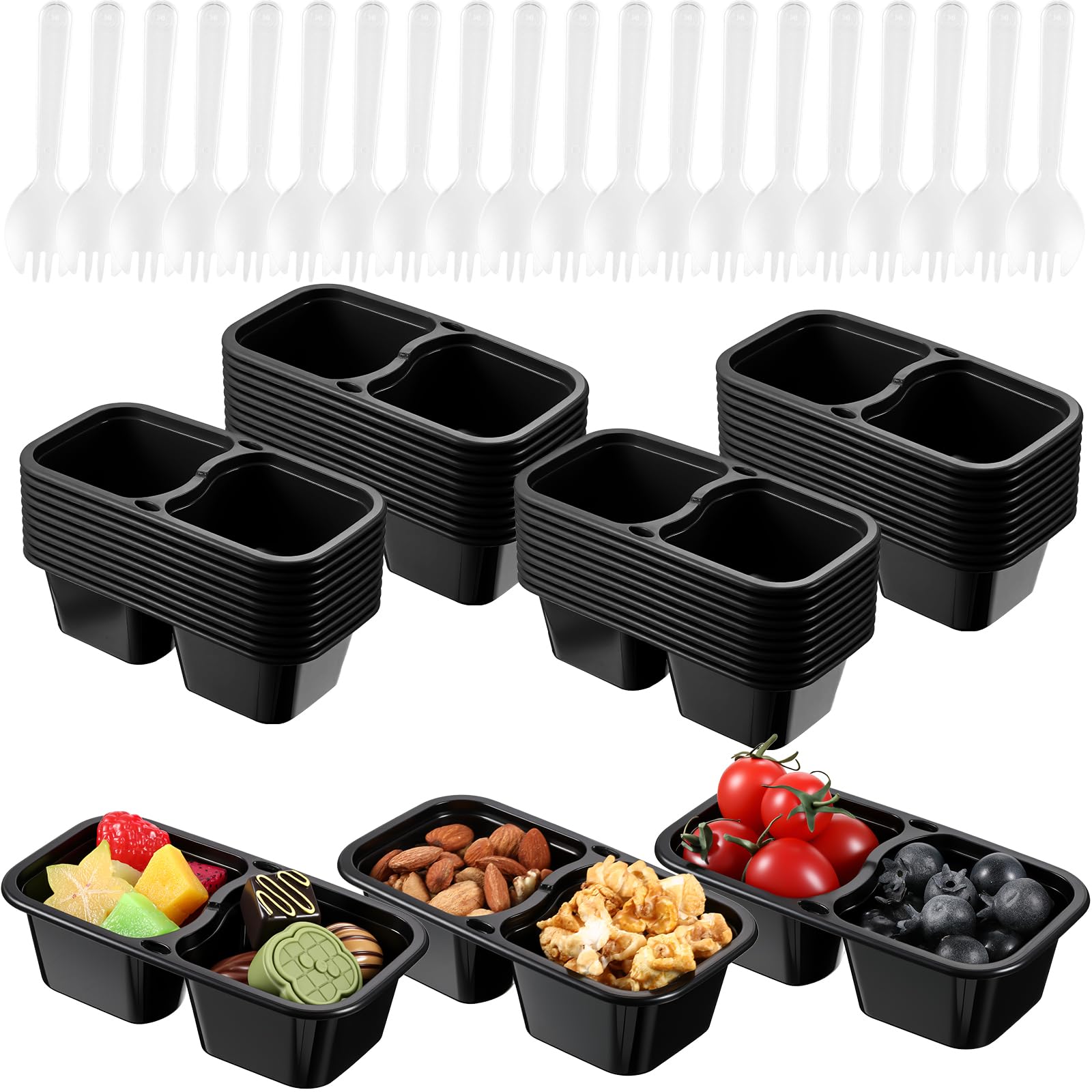 Teenyyou 20 Sets Reusable Snack Containers with Lids & Spoons Double Compartment Snack Containers for School Office Lunch Take Out Sauces Dips Microwave Safe (Black,Clear)