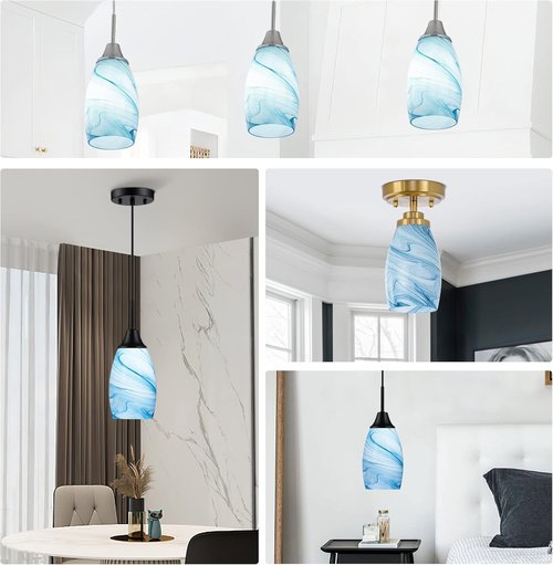 Blue Oval Glass Lamp Shade Only Art Marble Glass Light Shades for Kitchen Island pendant Lights Covers Light Fixture Replacement for Mini Pendant Ceiling Lights Chandelier 1pack