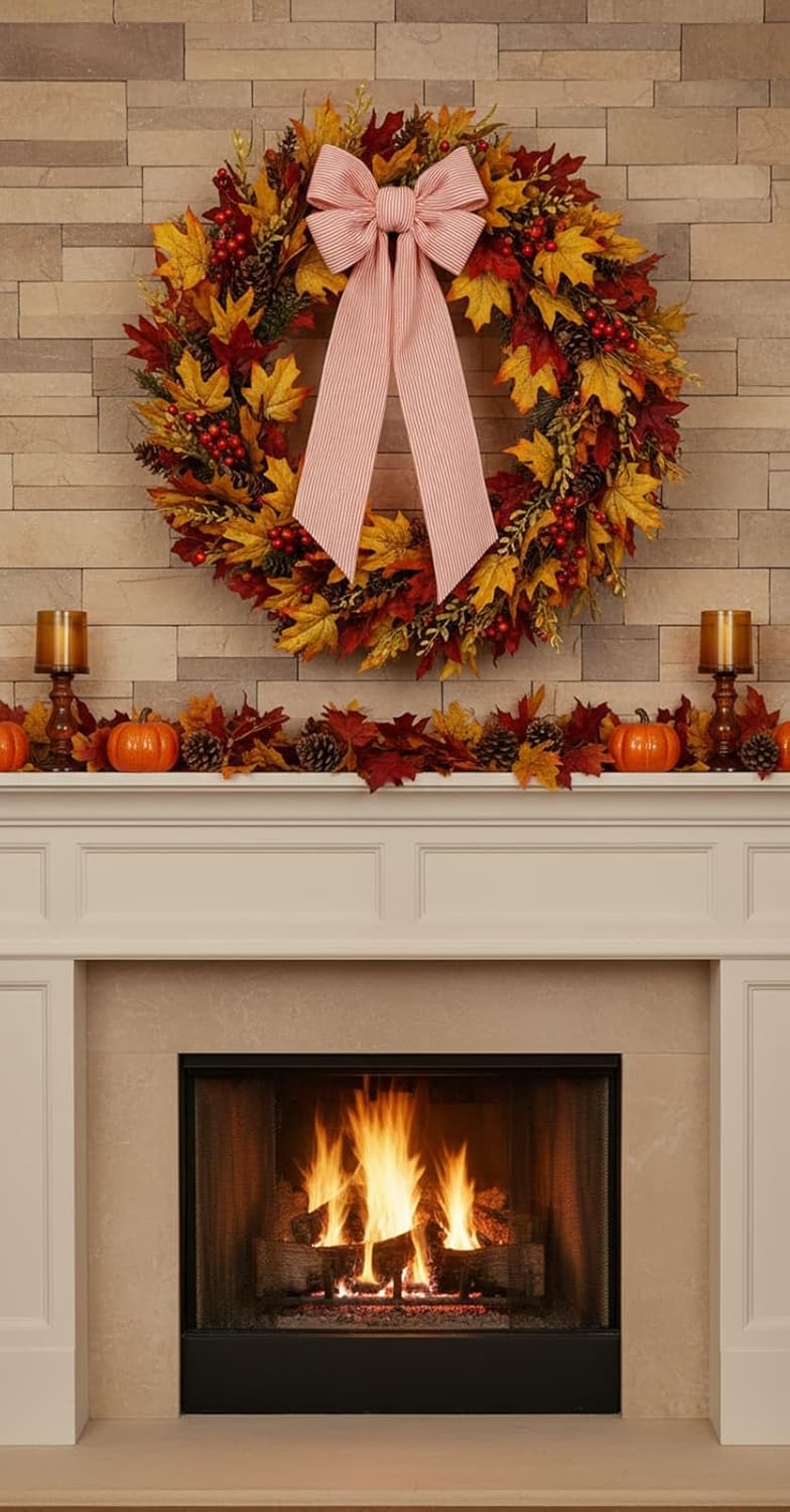 Orange Striped Wreath Sash - Fall Thanksgiving Bow for Door Decoration | 5.12" Wide x 54" Long