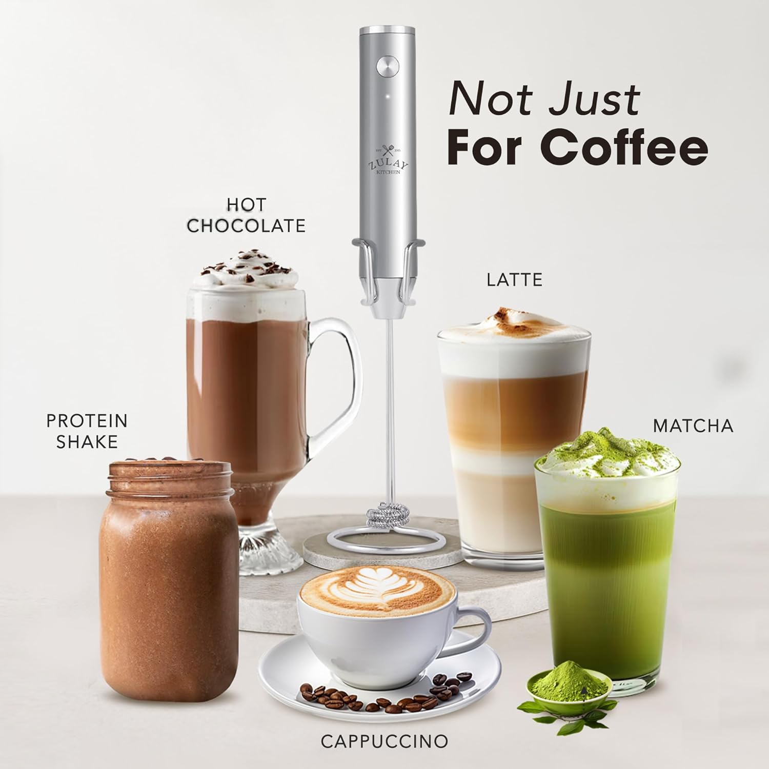 Zulay Kitchen Rechargeable Milk Frother Handheld - Lux 4 Whisks, Powerful 2-Speed Motor, Waterproof, 2000mAh Battery - Drink Mixer for Latte, Cappuccino, Matcha & Protein Powder - Silver