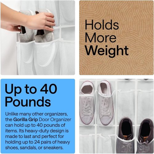 GORILLA GRIP Over The Door Shoe Organizer - 24 Extra Large Breathable Mesh Pockets | Space-Saving Storage Solution in White