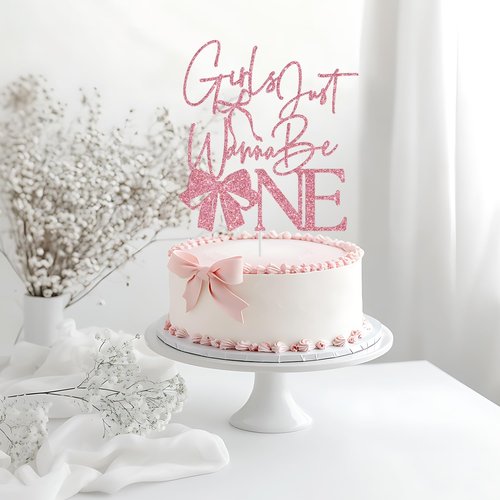 Girls Just Wanna Be One Cake Topper, Pink Bow First Birthday Cake Topper, Sweet One, Bow Girl's 1st Birthday Party Decorations Glitter