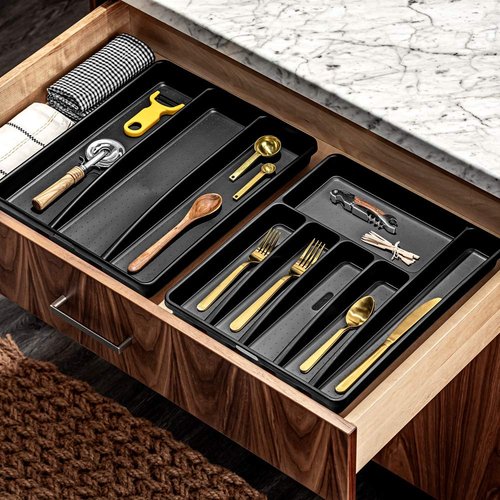 madesmart Premium Silverware Tray, 6 Compartment Flatware Organizer for Forks, Knives & Spoons, Non Slip, Soft Grip Lining, Durable Drawer Organizer, Black
