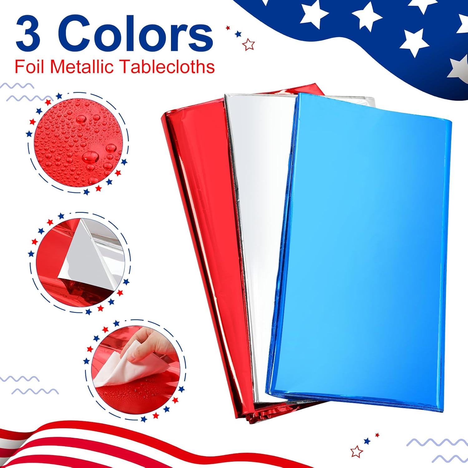 Regine Switzerland 4th of July Tablecloths - Patriotic Foil Design | 54 x 108 Inch Rectangle, Red/Silver/Blue