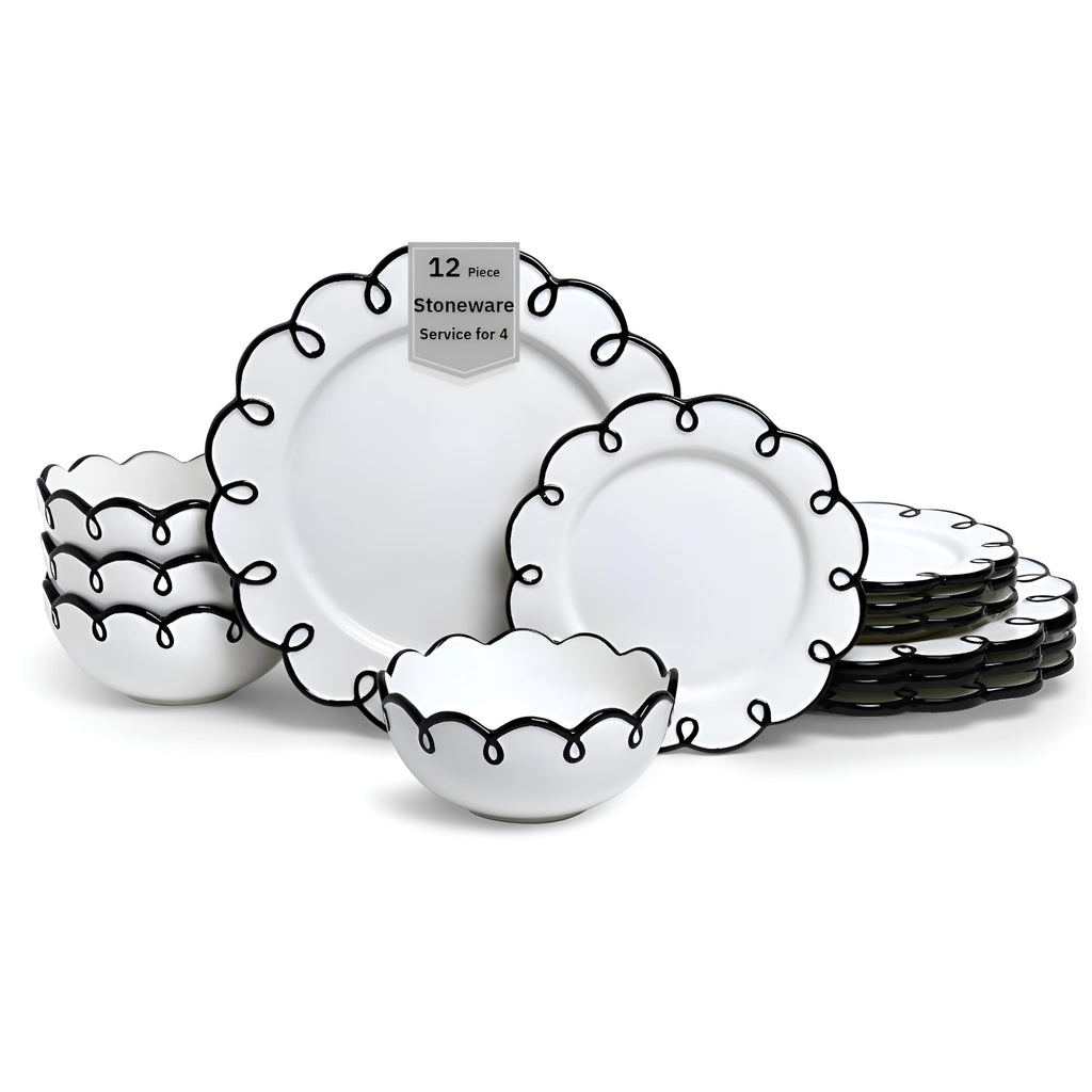 Sango 12-Piece Earthenware Dinnerware Set for 4, Glossy White Plates and Bowls Sets with Black Scalloped Rims, Premium Dish Set, Dishes for Hosting Parties, Birthday & Wedding Gifts, Splash of Cheers