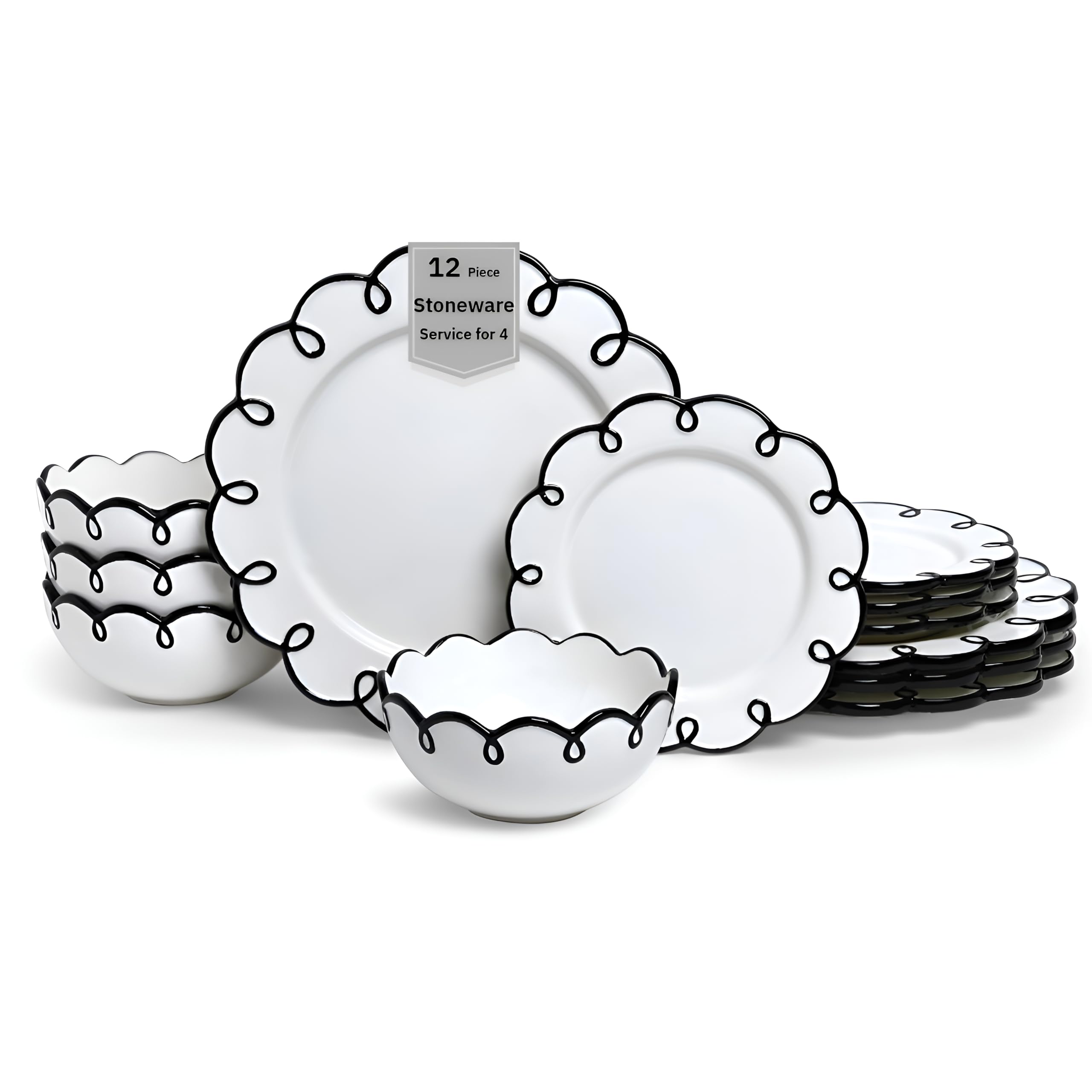 Sango 12-Piece Earthenware Dinnerware Set for 4, Glossy White Plates and Bowls Sets with Black Scalloped Rims, Premium Dish Set, Dishes for Hosting Parties, Birthday & Wedding Gifts, Splash of Cheers