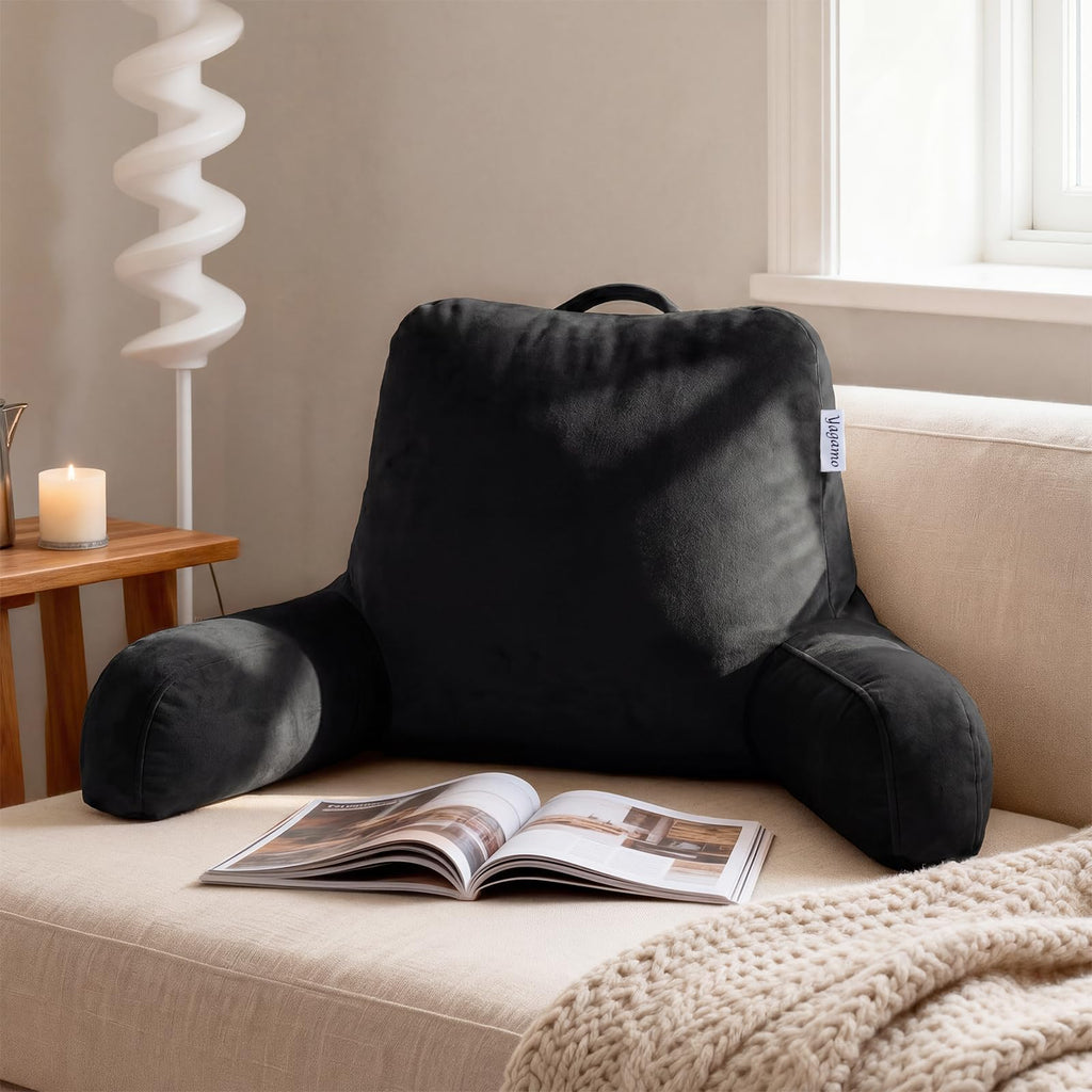 Yagamo Reading Pillow with Adjustable Memory Foam,Adult Backrest with Arms, Back Pillow for Sitting in Bed with Washable Cover- Large, Black