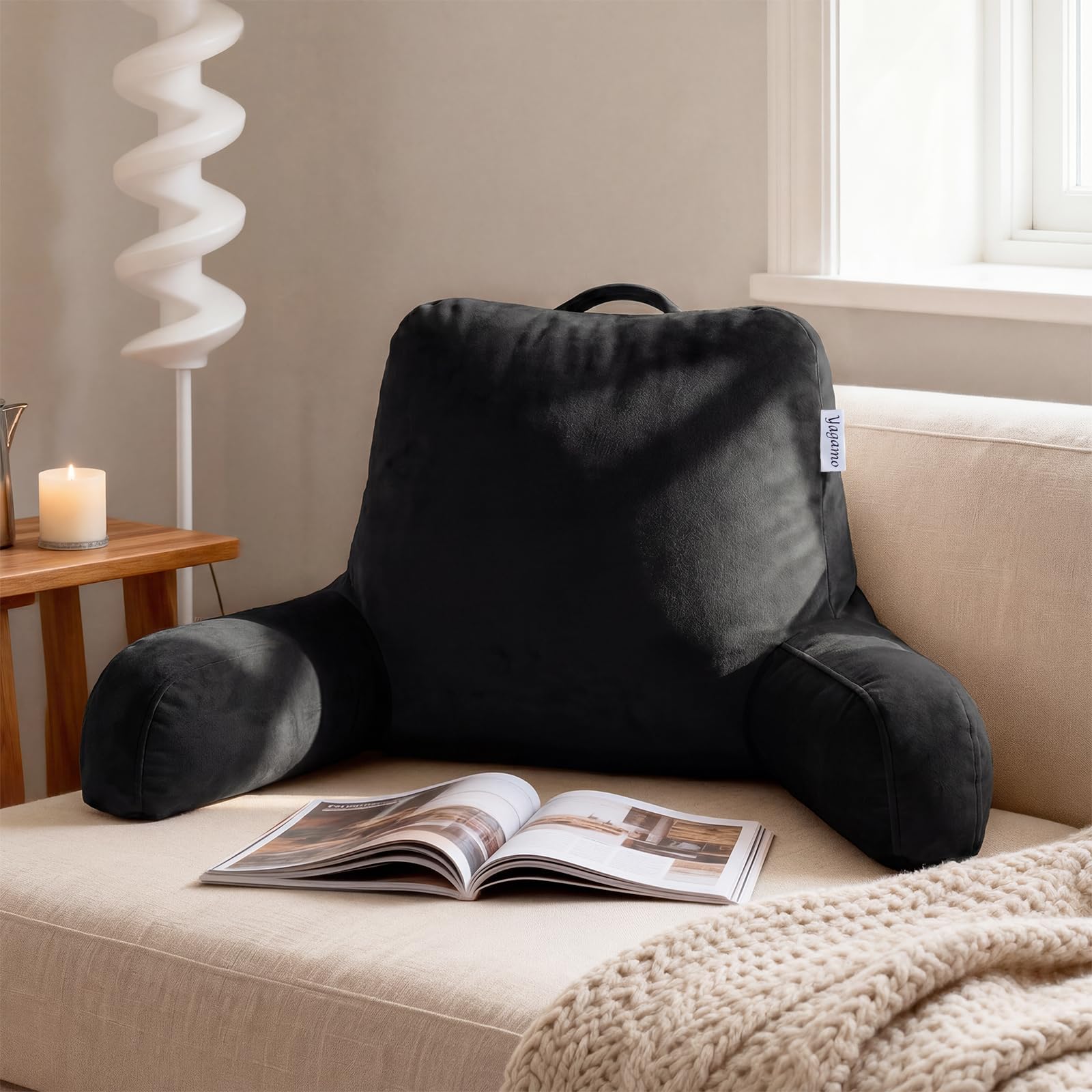 Yagamo Reading Pillow with Adjustable Memory Foam,Adult Backrest with Arms, Back Pillow for Sitting in Bed with Washable Cover- Large, Black