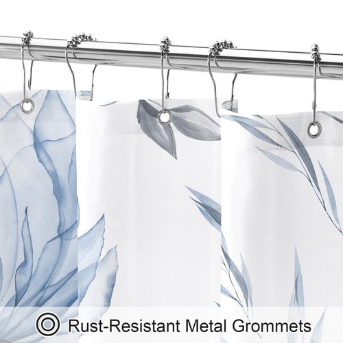 Litabel Blue and Grey Boho Watercolor Floral Shower Curtain, Ink Painting Style Blossom & Leaf Shower Curtains for Chic Elegant Bathroom, Artistic Fabric Cloth Flower Shower Curtain, 72x72