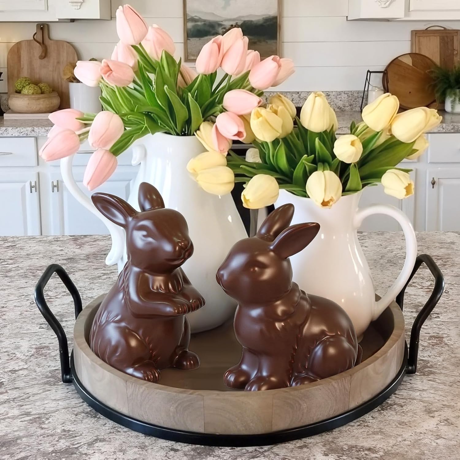 Zesua Easter Decorations - Elegant Ceramic Bunny Figurines Set of 2 | Modern Spring Home Decor