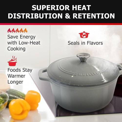 MUELLER HOME 4.5 QT Enameled Cast Iron Dutch Oven, Heavy-Duty Casserole Dish and Braiser Pan with Lid and Stainless Knob, Oven-Safe up to 500° F & Across All Cooktops, Grey