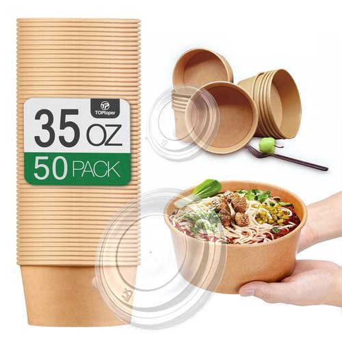 TOPtoper 50 Pack 35 Oz Large Paper Bowls with Lids, Heavy Duty Paper Bowls for Party, Disposable Bowls Bulk Leakproof and Microwave Safe for Hot/Cold Use (35 OZ)