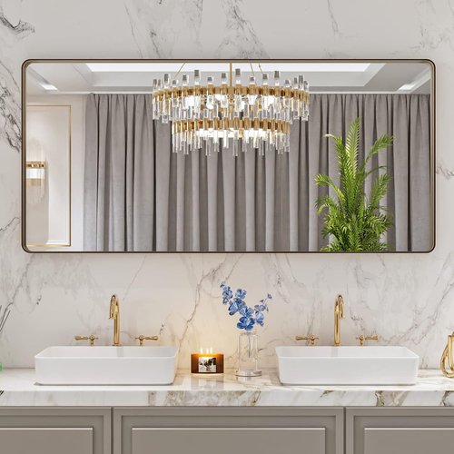 LOAAO Bronze Bathroom Mirror - 60”x28” Rounded Rectangle Design, Anti-Rust Metal Frame, Tempered Glass