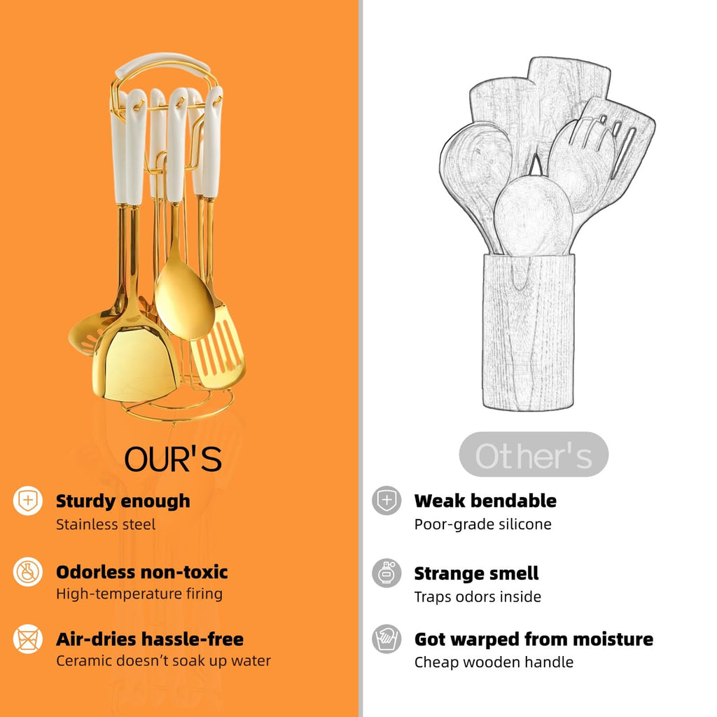 Stainless Steel Gold Kitchen Utensils Set with Holder & Spoon Rest, Durable Kitchen Accessories Includes 6 Cooking Utensils, 1 Hanging Rack,1 Ladle Holder, Easy to Clean, Modern Countertop Décor
