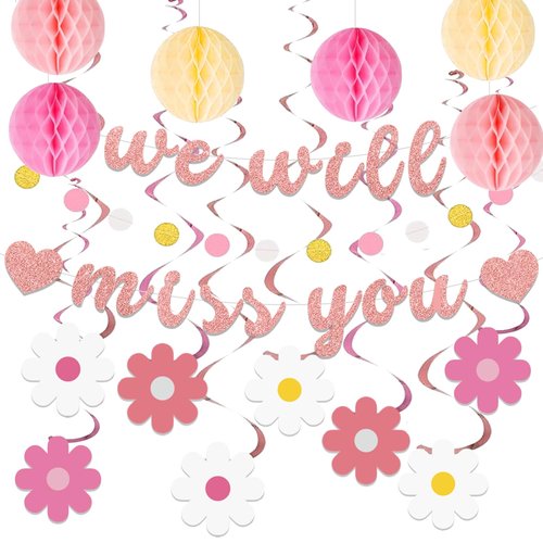 Roetyce Farewell Party Decorations Women, Pink We Will Miss You Banner Honeycomb Balls Hanging Swirls, Rose Gold Flower Theme Going Away Leaving Goodbye Party Supplies, Retirement Photo Background