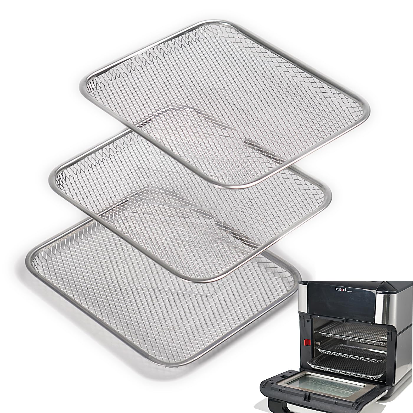 Kispog Uncoated Stainless Steel Cooking Tray Compatible with Instant Pot Vortex 10QT Only - PFAS & Teflon-Free - Dishwasher Replacement Racks, 10.2"x8.97" 3-Pack Mesh for 360 Airflow & Crisping