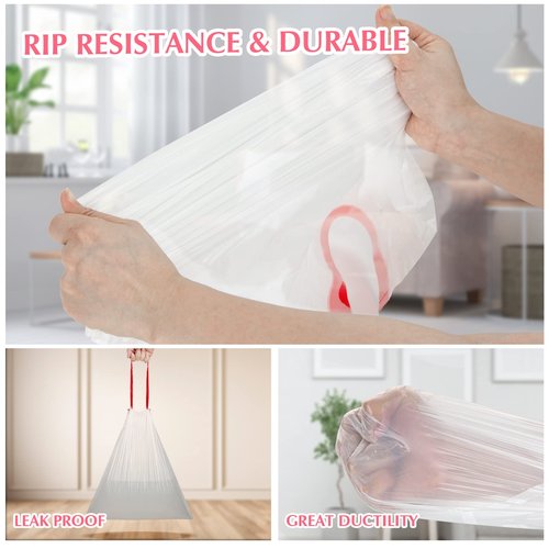 Small Trash Bags 2-4 Gallon Drawstring-Ryobyo Small Garbage Bag Extra Strong, Unscented, Stretchy, Quick Cinch for Bathroom Kitchen, White 44 Count