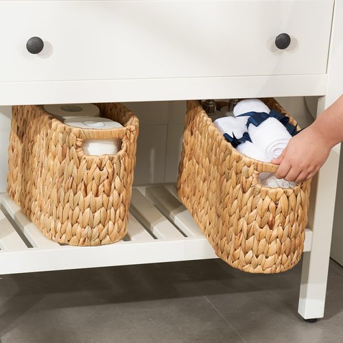 FairyHaus Wicker Toilet Paper Storage Basket with Buit-in Handles, 6 Rolls Natural Water Hyacinth Toilet Paper Holder Stand with Storage, Freestanding Handwoven Toilet Paper Holder Basket for Bathroom