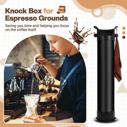 Havawish 1 Set Large 17L Knock Box for Espresso Grounds Espresso Coffee Shop Kitchen Tool Coffee Grind Collection Dump Bin Commercial Floor Standing Knock Box with 25 Garbage Bags and Towel, Black