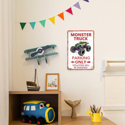 Monster Truck Parking Only Metal Sign, Boys Bedroom Monster Truck Parking Wall Decor, Birthday Decorations Party Supplies, Monster Truck Wall Decor Poster for Boys Kids, 8x12 Inch