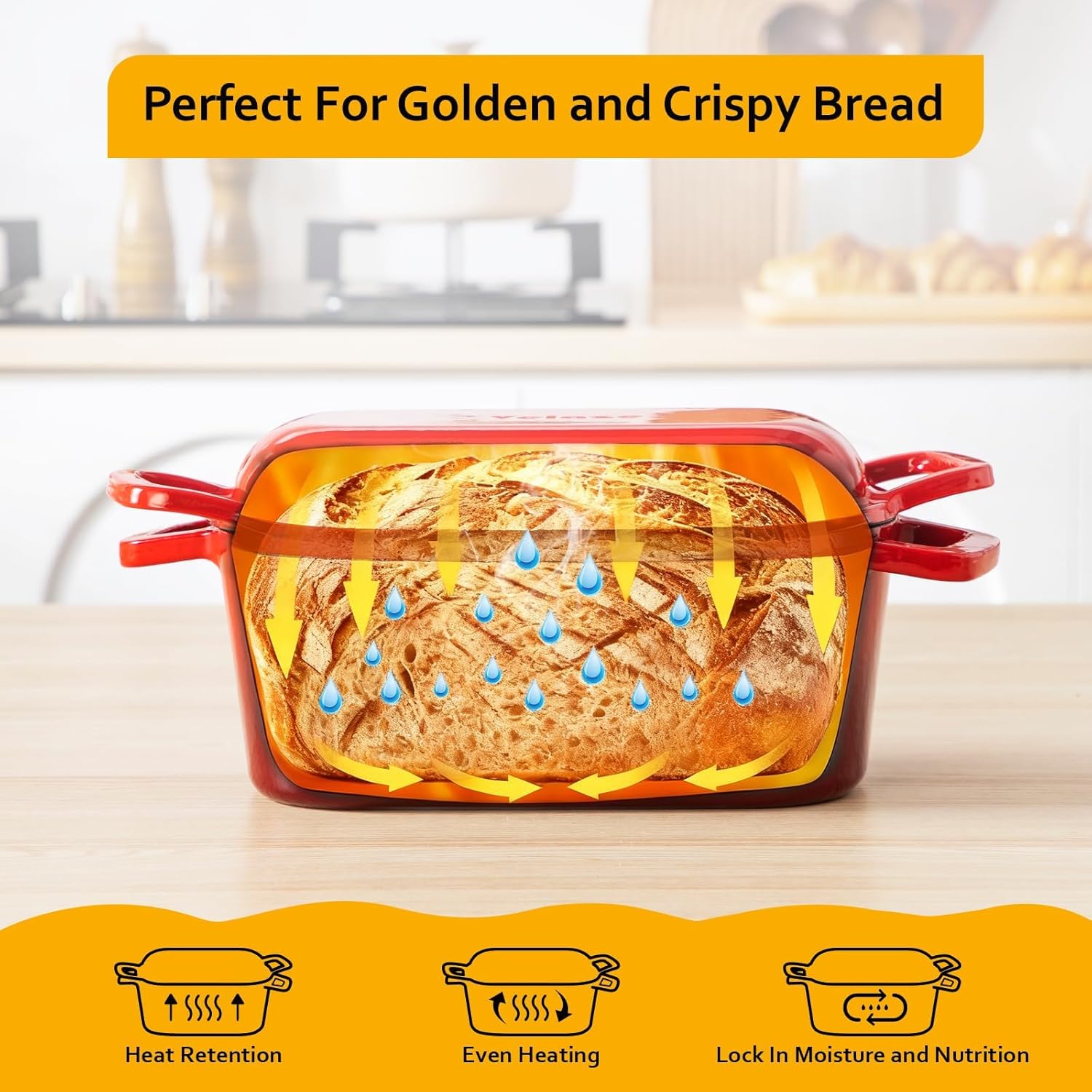 Velaze 3.6QT Dutch Oven - Enameled Cast Iron Bread Baking Pan with Lid & Offset Handles | Oven Safe to 500°F (Red)