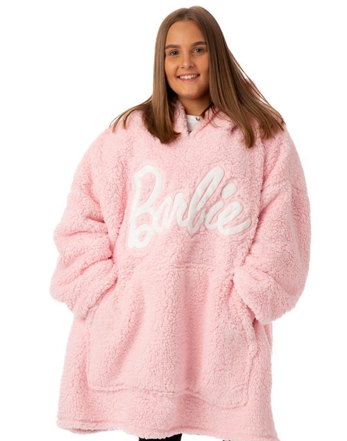 Barbie Womens Wearable Hooded Blanket | Ladies Embroidered Classic Logo Fleece Hoodie in Pink | Cozy Doll Fashion Pullover