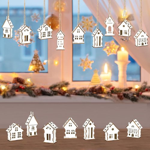 Coume Christmas Wood Ornaments - 9 Pcs Unfinished Rustic White Wooden House Decor for DIY Crafts