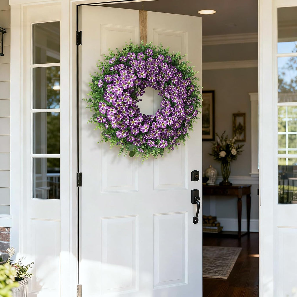 Skiennix 26" Large Artificial Eucalyptus Wreath - Realistic Faux Silk Morning Glory Flowers in Purple for Home, Farmhouse & Wedding Decor