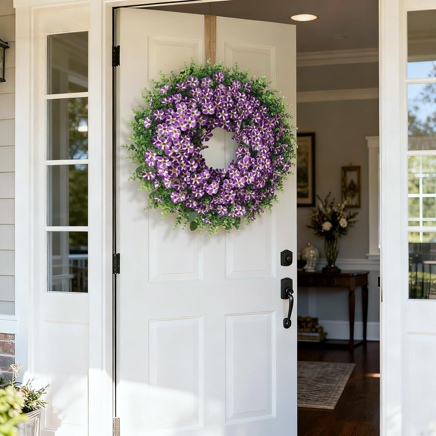 Skiennix 26" Large Artificial Eucalyptus Wreath - Realistic Faux Silk Morning Glory Flowers in Purple for Home, Farmhouse & Wedding Decor