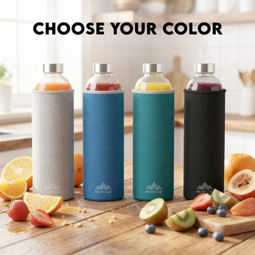 Mont-Clair Kristal Borosilicate Glass Water Bottle 18 oz with Neoprene Sleeve - Leak Proof + BPA Free - Hot & Cold Drinks - Ideal for Adult, Kids, Travel, Sports, Gym, Running - Black